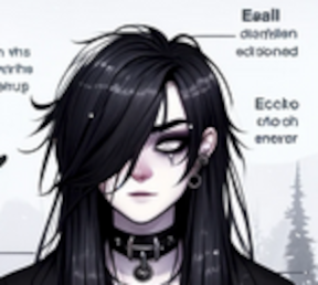 Crop of the above image to only two of the &ldquo;text labels&rdquo; pointing to the generated character&rsquo;s head, clearly showing that what looks like text is not really made of letters, let alone words.